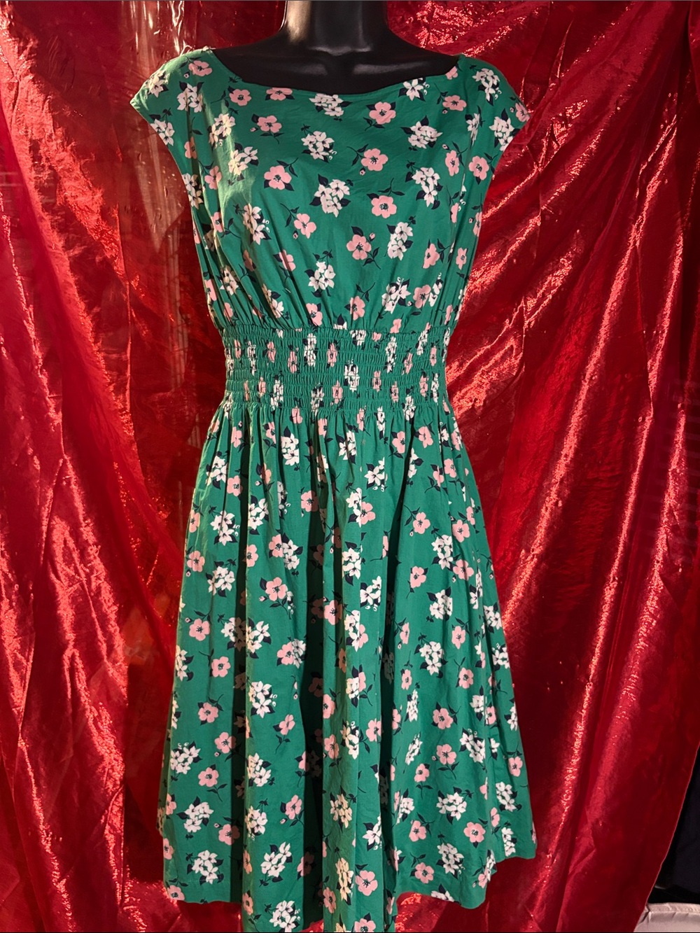 Green Floral Fit-and-Flare Dress with Smocked Waist